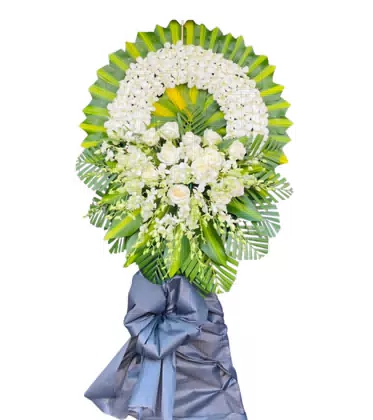Vòng Hoa Chia Buồn Trắng Hồng Trắng Nơ Xanh Xám