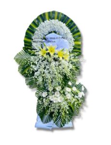 Hoa chia buồn 2 tầng lan trắng + đồng tiền trắng + ly