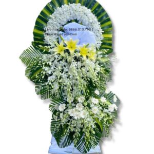 Hoa chia buồn 2 tầng lan trắng + đồng tiền trắng + ly