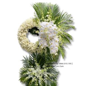 Kệ hoa chia buồn 2 tầng vòng hoa hồng + cành lan